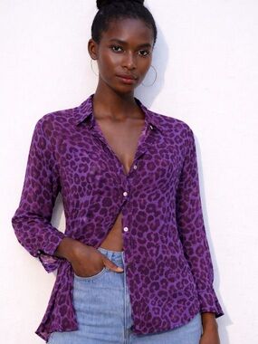 Purple Leopard Print Chiffon Blouse Sheer Button Down Top